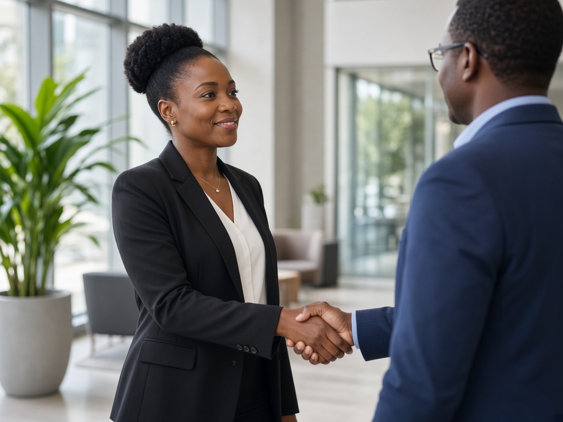 African consultant greeting a client with a handshake